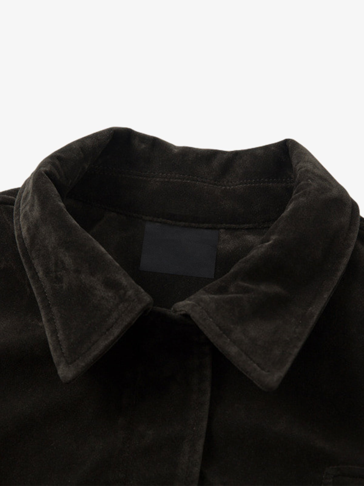 Faux Suede Fireman Clasp Jacket – Dark Brown, collar close-up | XoKool