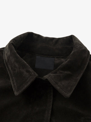 Faux Suede Fireman Clasp Jacket – Dark Brown, collar close-up | XoKool
