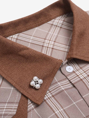 Faux Two-piece Pearl Button Plaid Short-Sleeved Shirt - thumbnail 5