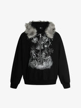 Detachable Fur Collar Half-Zip Printed Hooded Cardigan Sweatshirt