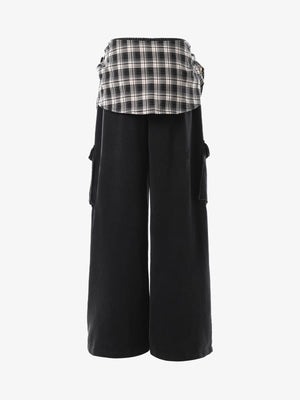 Retro Plaid Patchwork Tie-Belt Wide-Leg Barrel Pants - thumbnail 2