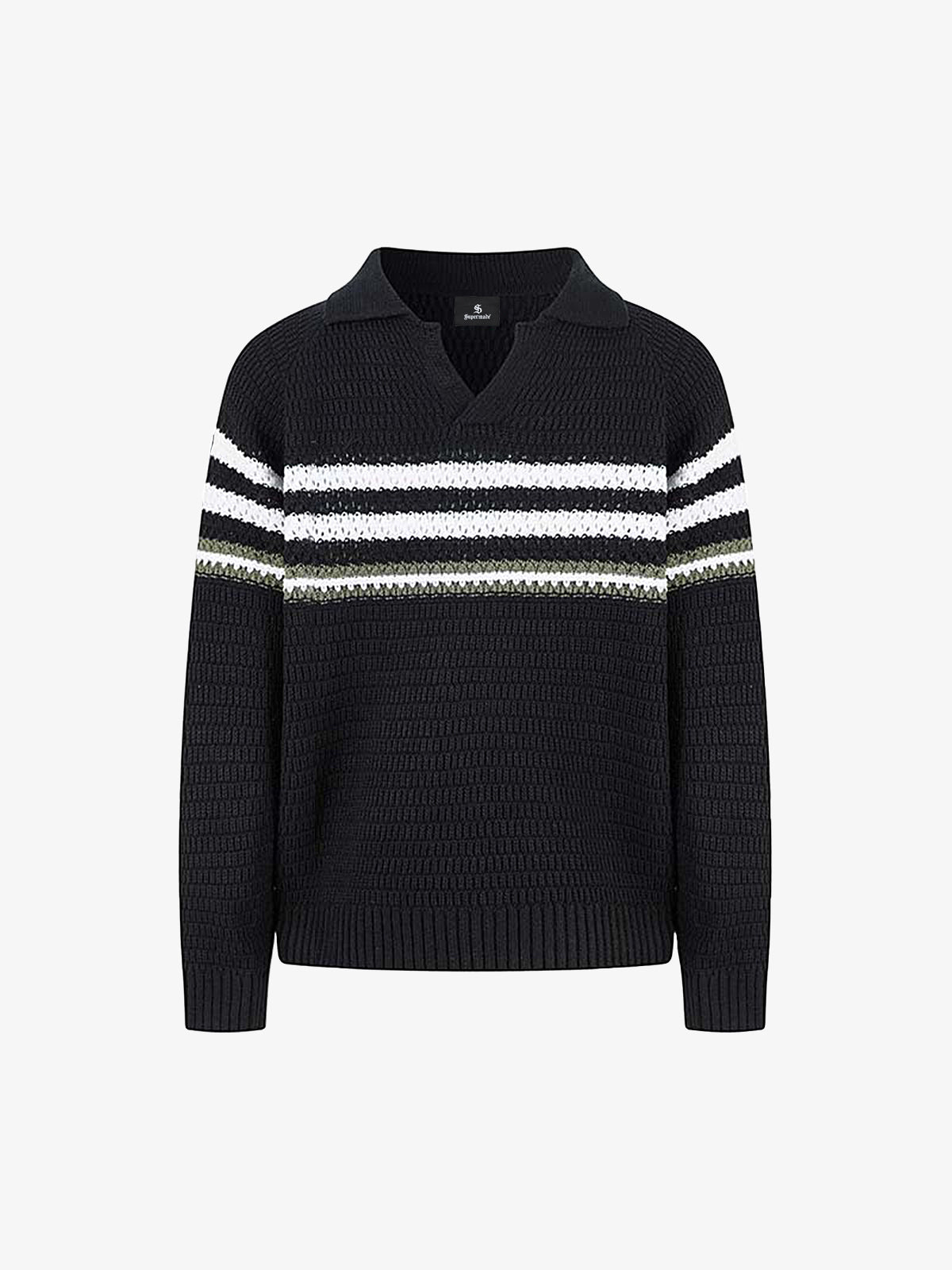 Retro Knitted Lapel V-Neck Contrast Striped Sweater