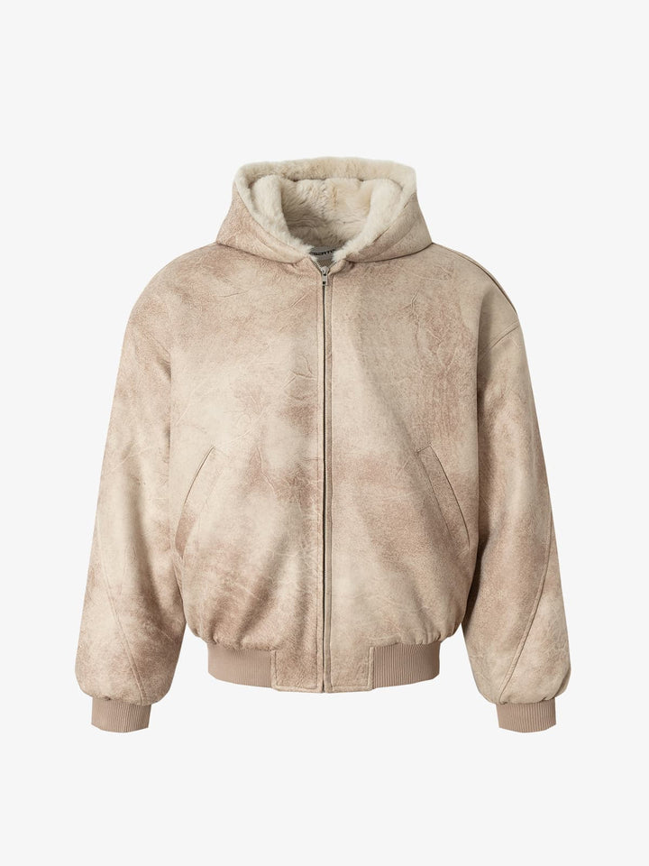 Distressed Fur Lined Hooded Bomber Jacket