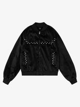 Vintage Velvet Pearl Embellished Bomber Jacket