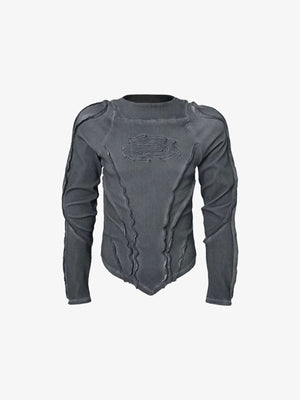 Camiseta de manga larga ajustada con paneles y bajo en punta – gris carbón, parte delantera plana | XoKool