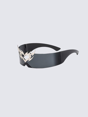 Shield-Sonnenbrille mit Flammenherz – Schwarz, Schrägansicht | XoKool
