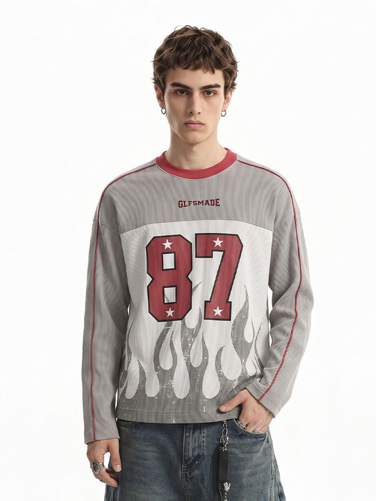 Flame Long Sleeve Shirt – Grey White, on model front | XoKool