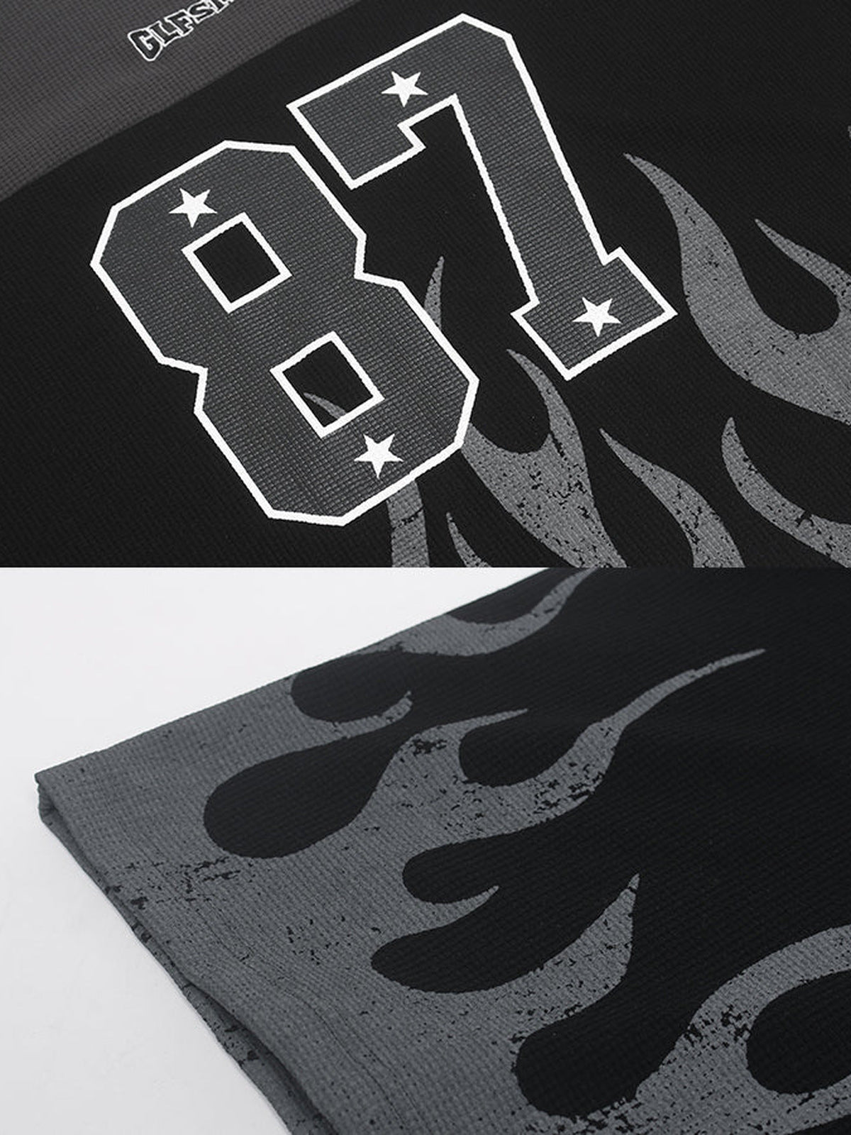 Flame Long Sleeve Shirt – number 87 and flame print close-up | XoKool