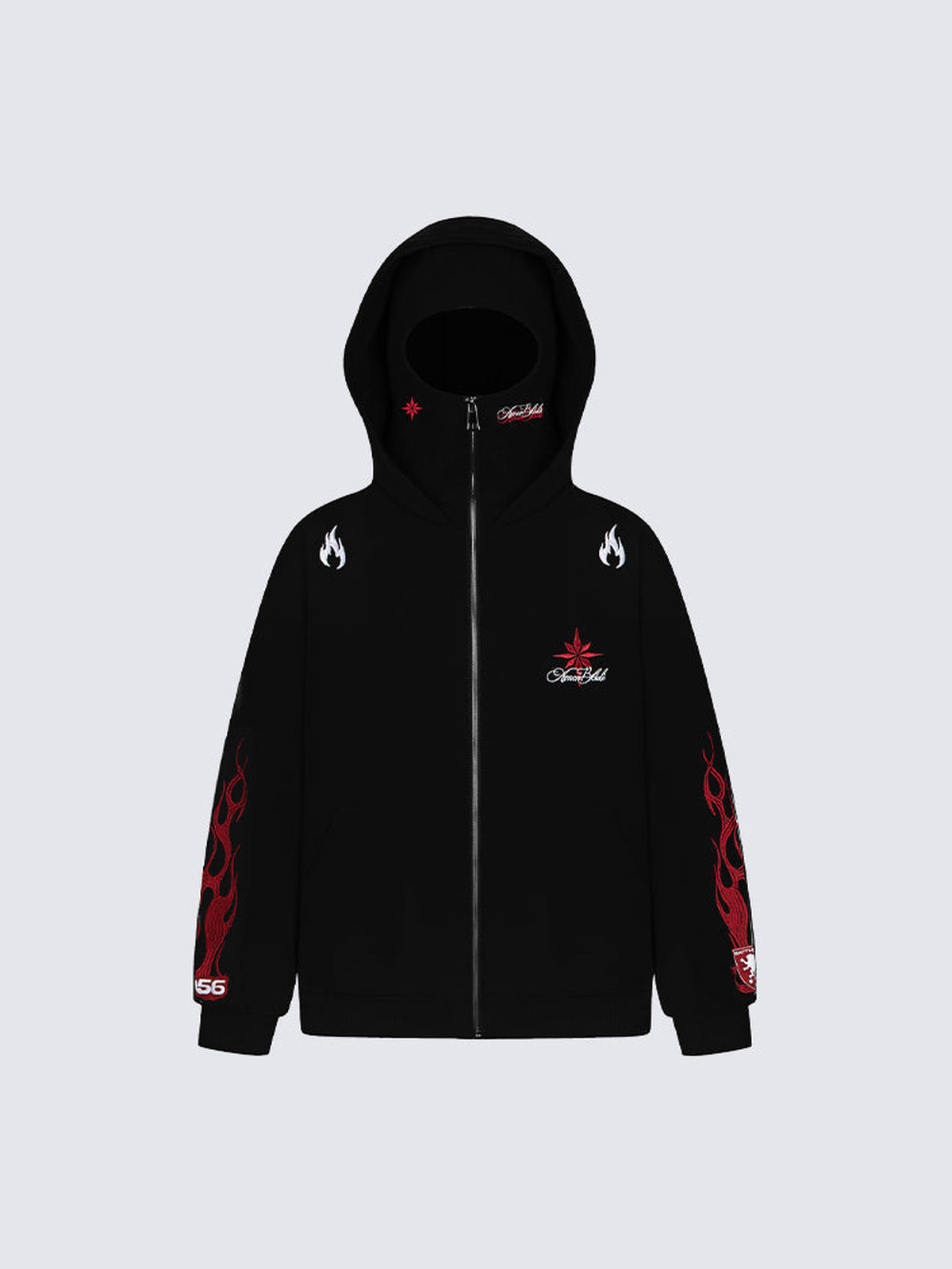 Flame Sleeve Full Zip Hoodie with Face Mask – Black, front view | XoKool