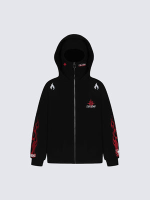 Flame Sleeve Full Zip Hoodie with Face Mask – Black, front view | XoKool