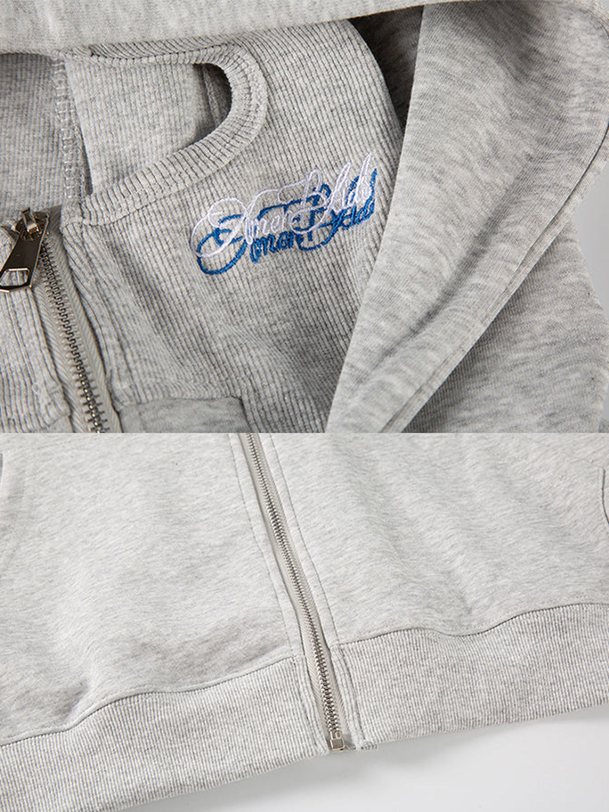 Face mask zip hoodie – Heather Grey chest script embroidery detail | XoKool
