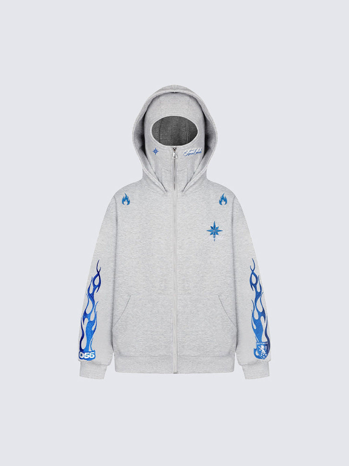 Flame Sleeve Full Zip Hoodie with Face Mask – Heather Grey, front view | XoKool
