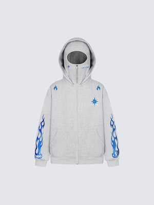 Flame Sleeve Full Zip Hoodie with Face Mask – Heather Grey, front view | XoKool