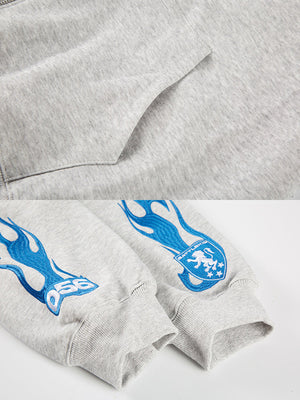 Face mask zip hoodie – Heather Grey pocket and sleeve flame close-up | XoKool