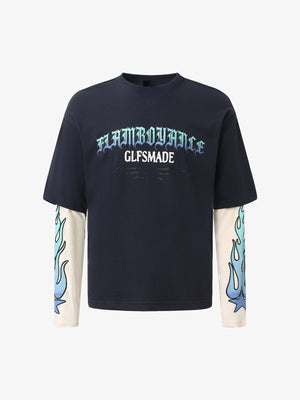 Flame Sleeve Layered Long Sleeve Graphic Tee – Navy, front view | XoKool