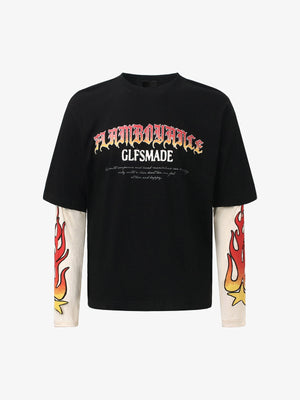 Flame Sleeve Layered Long Sleeve Graphic Tee – Black, front view | XoKool