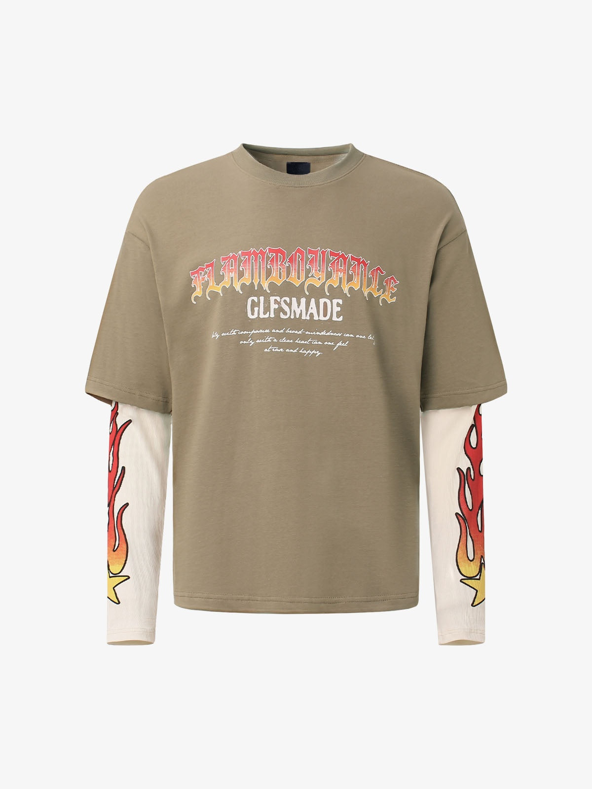 Flame Sleeve Layered Long Sleeve Graphic Tee – Khaki, front view | XoKool
