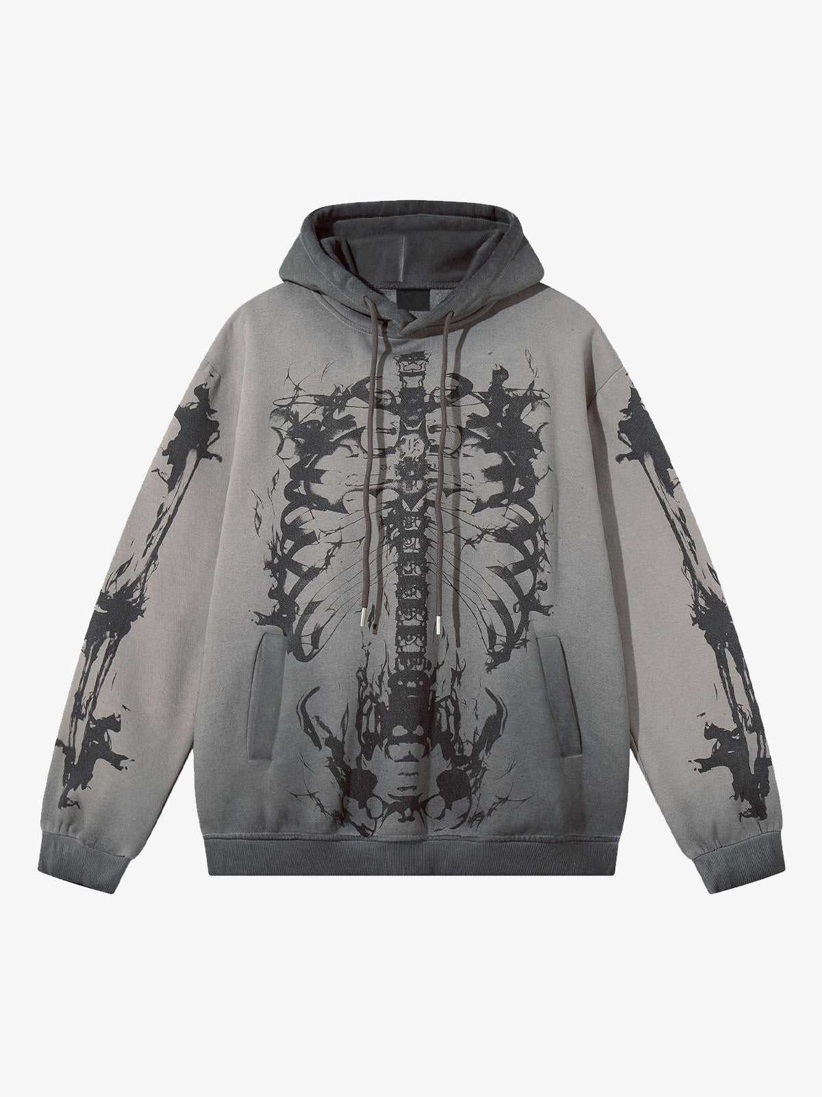 Fleece Lined Skeleton Print Hoodie – Faded Grey, front view | XoKool
