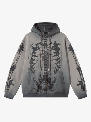 Fleece Lined Skeleton Print Hoodie – Faded Grey, front view | XoKool