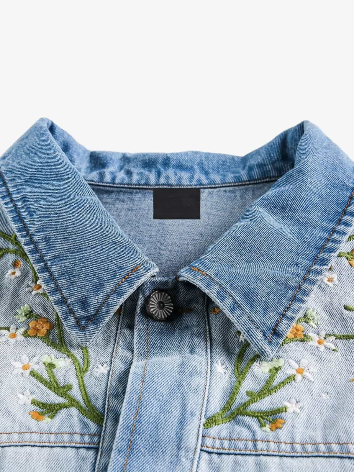 Floral Embroidered Ombre Denim Jacket – Ombre Blue, collar embroidery close-up | XoKool