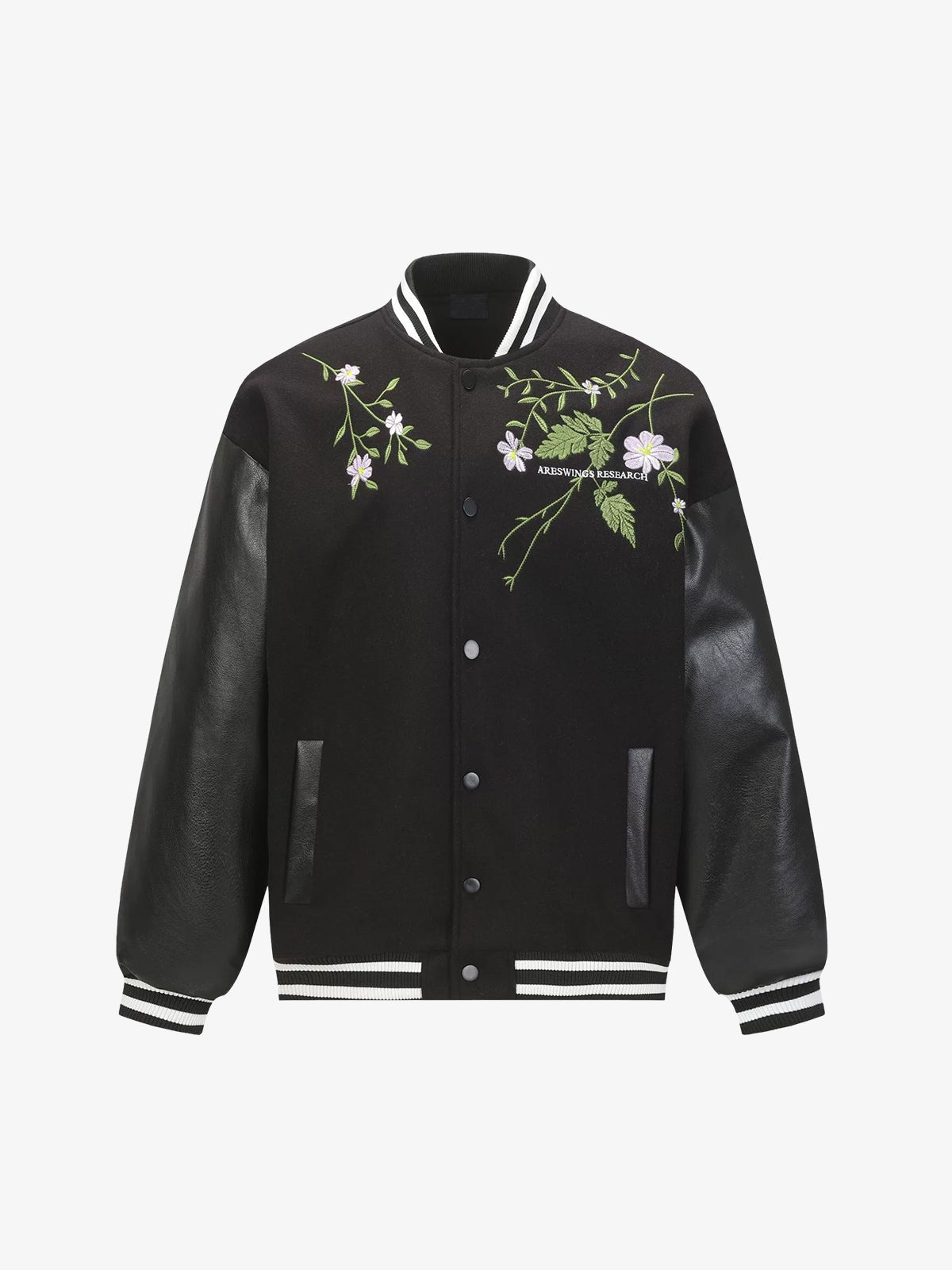 Floral Embroidered Varsity Jacket – Black, front view | XoKool
