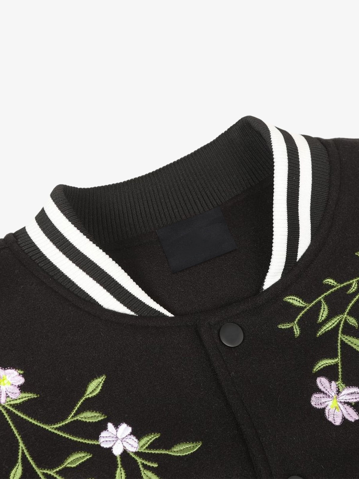 Floral Embroidered Varsity Jacket – Black, inner collar and neck close-up | XoKool
