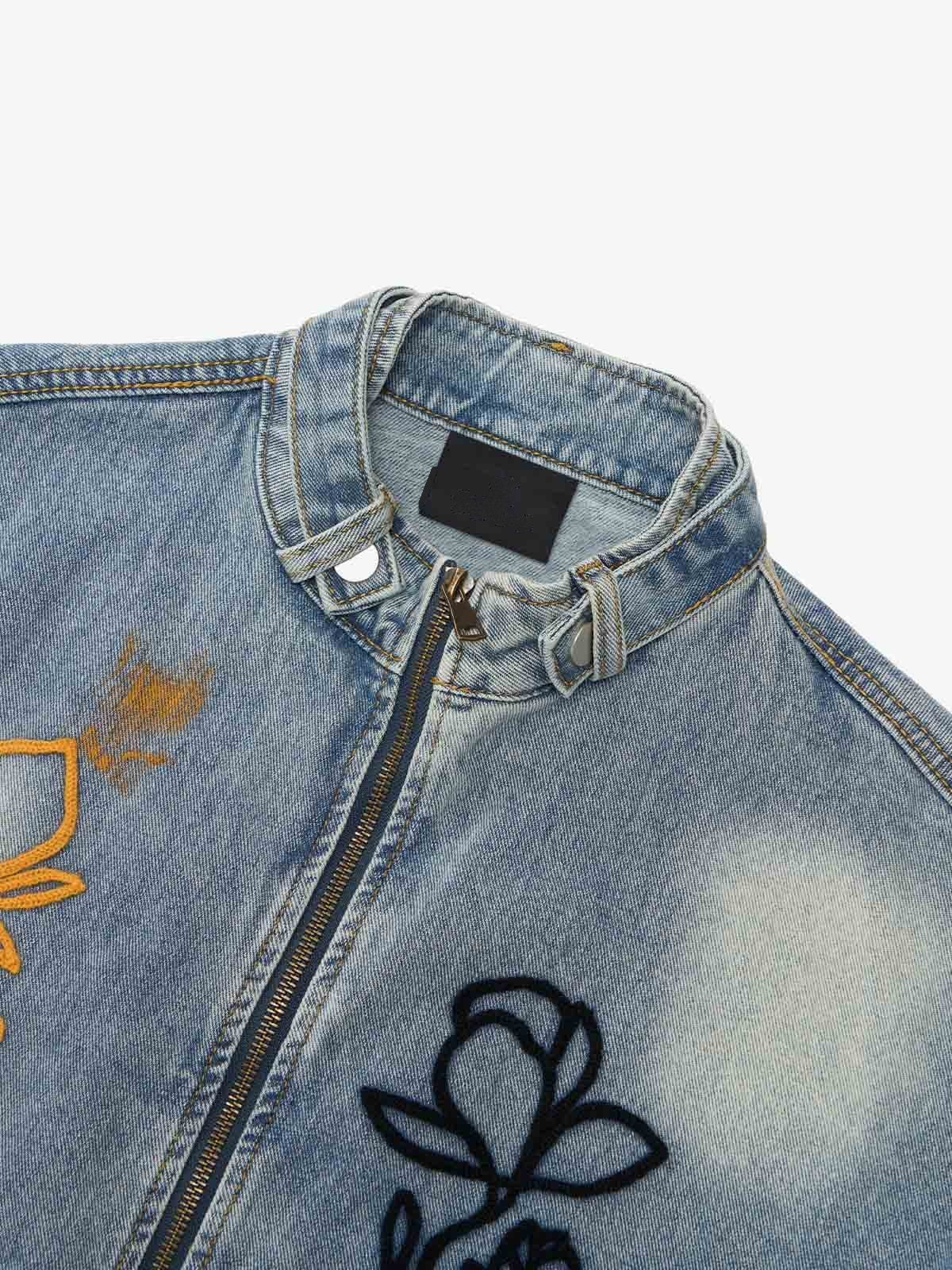 Floral Embroidered Zip Up Denim Jacket – Light Blue, collar close-up | XoKool