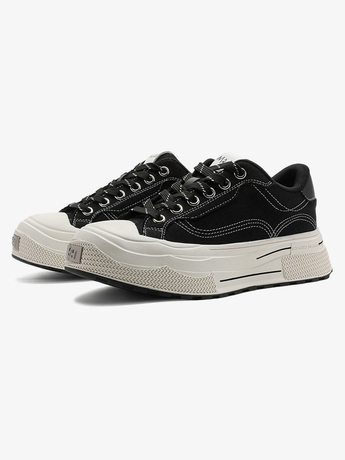 Black Canvas Platform Sneakers with Rubber Toe Cap – Black pair, 3/4 | XoKool