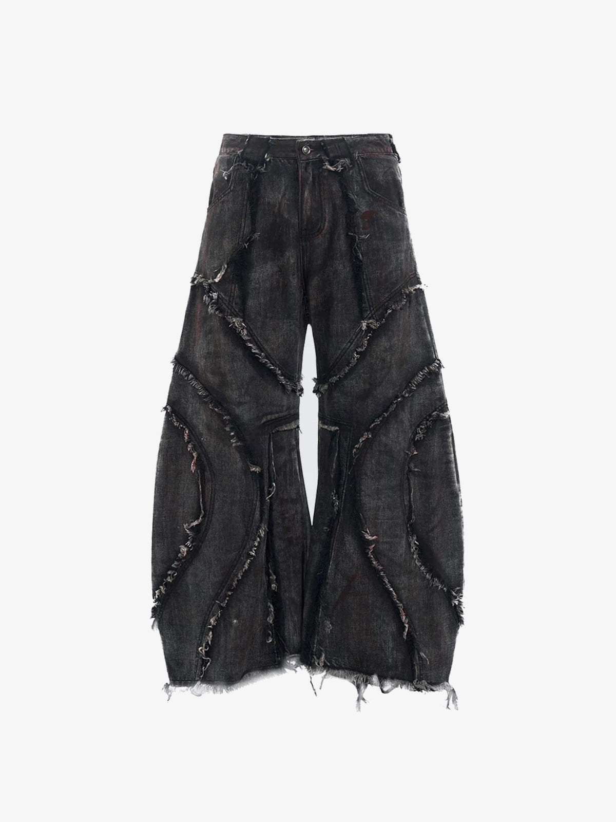 Jeans acampanados (flare) negros desflecados con costuras de paneles – frente en plano | XoKool
