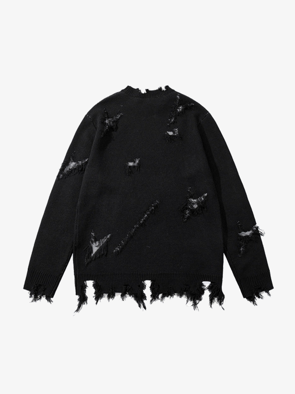 Frayed Gothic Script Distressed Knit Sweater – Black, back view | XoKool