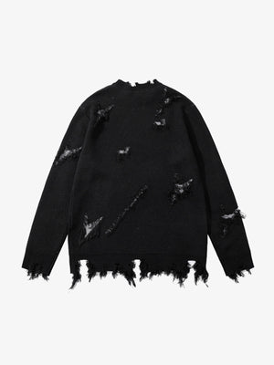 Frayed Gothic Script Distressed Knit Sweater – Black, back view | XoKool