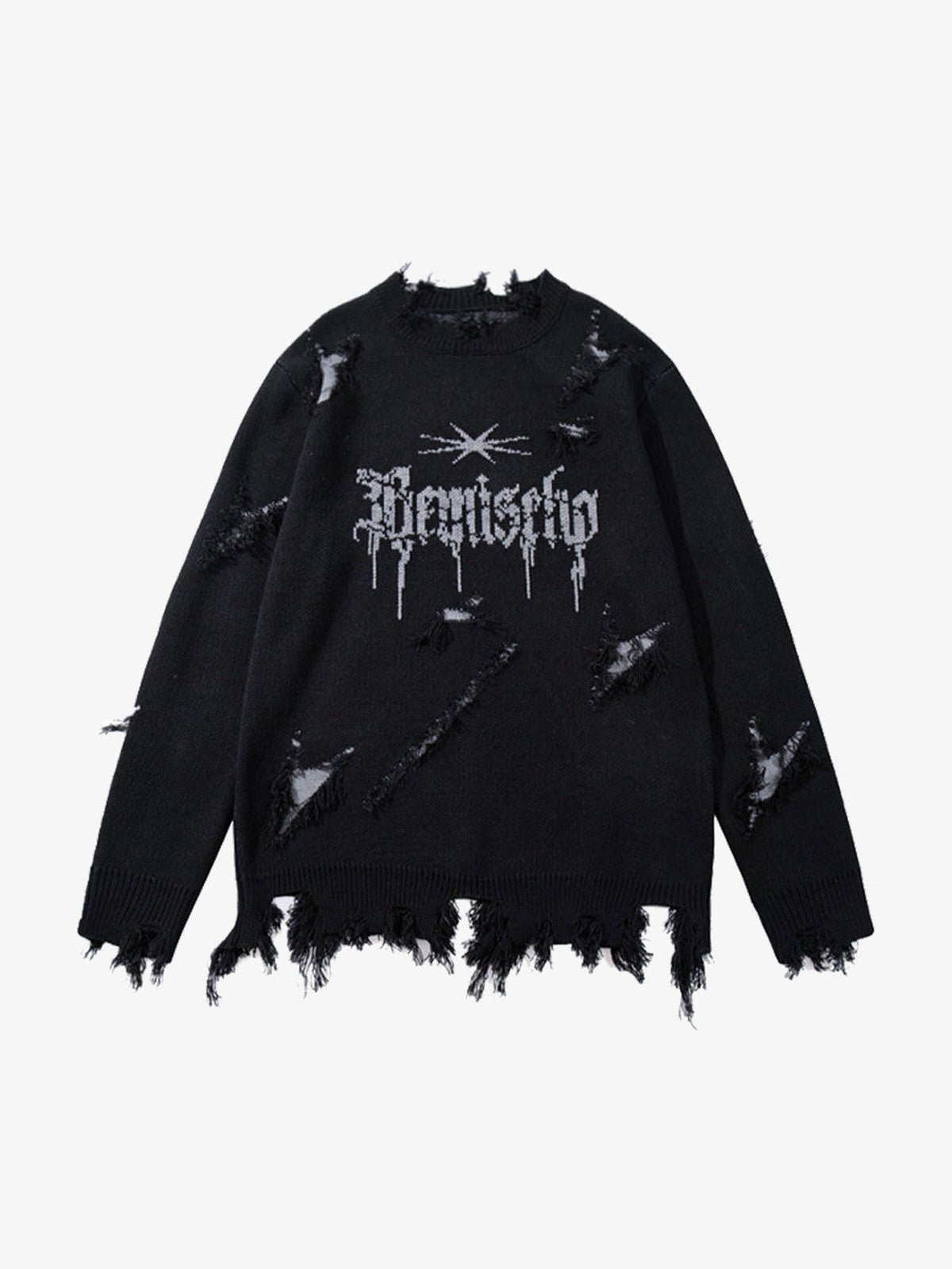 Frayed Gothic Script Distressed Knit Sweater – Black, front view | XoKool