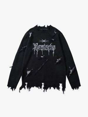 Frayed Gothic Script Distressed Knit Sweater – Black, front view | XoKool