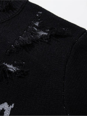 Gothic script sweater – Black, shoulder holes close-up | XoKool