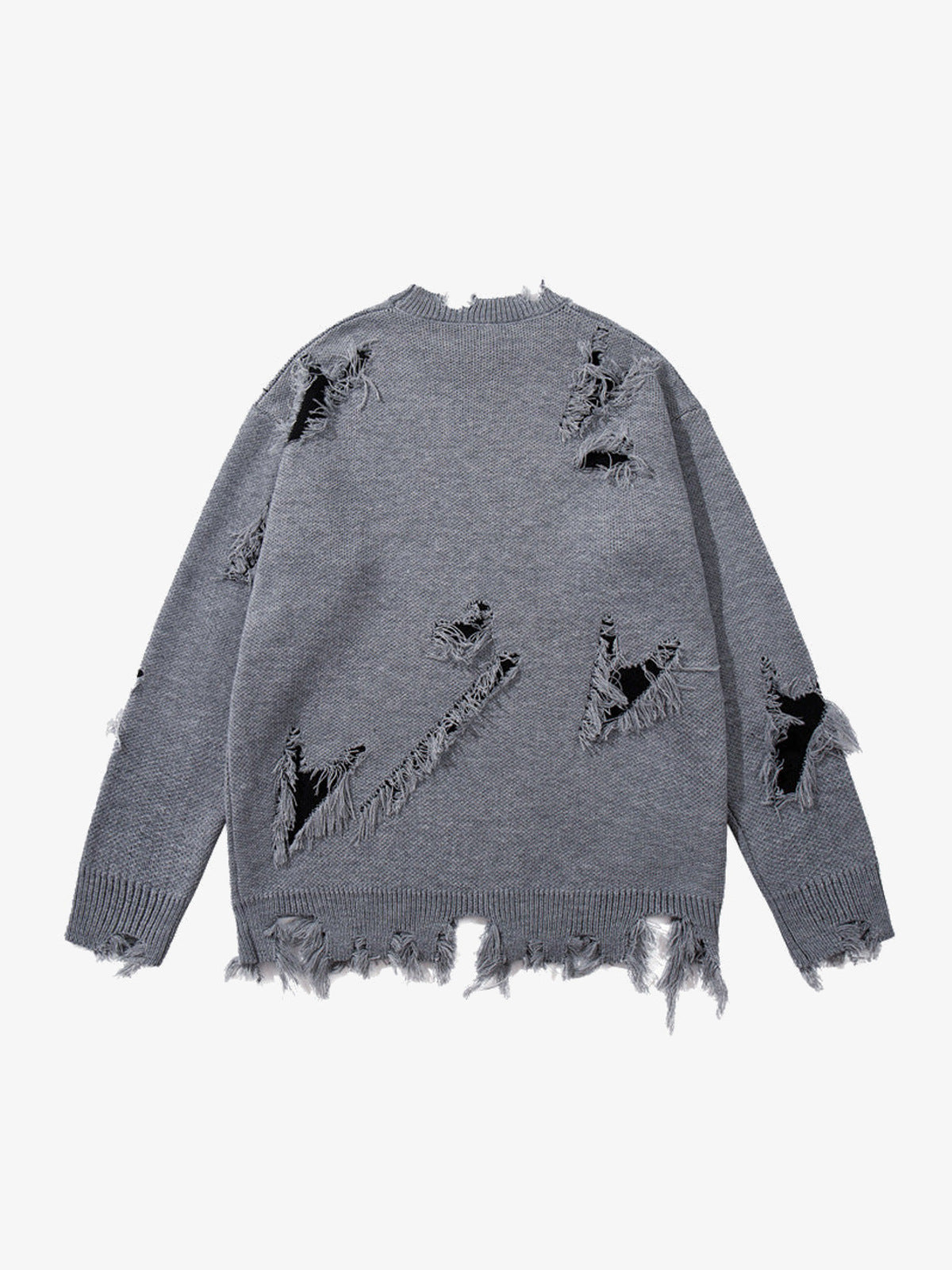 Frayed Gothic Script Distressed Knit Sweater – Grey, back view | XoKool