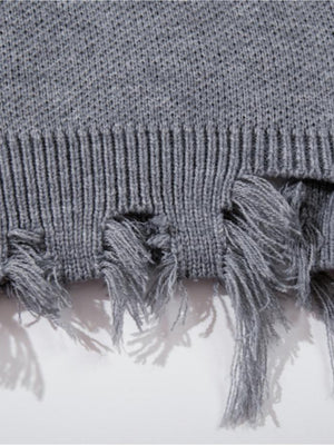 Gothic script sweater – Grey, frayed hem close-up | XoKool