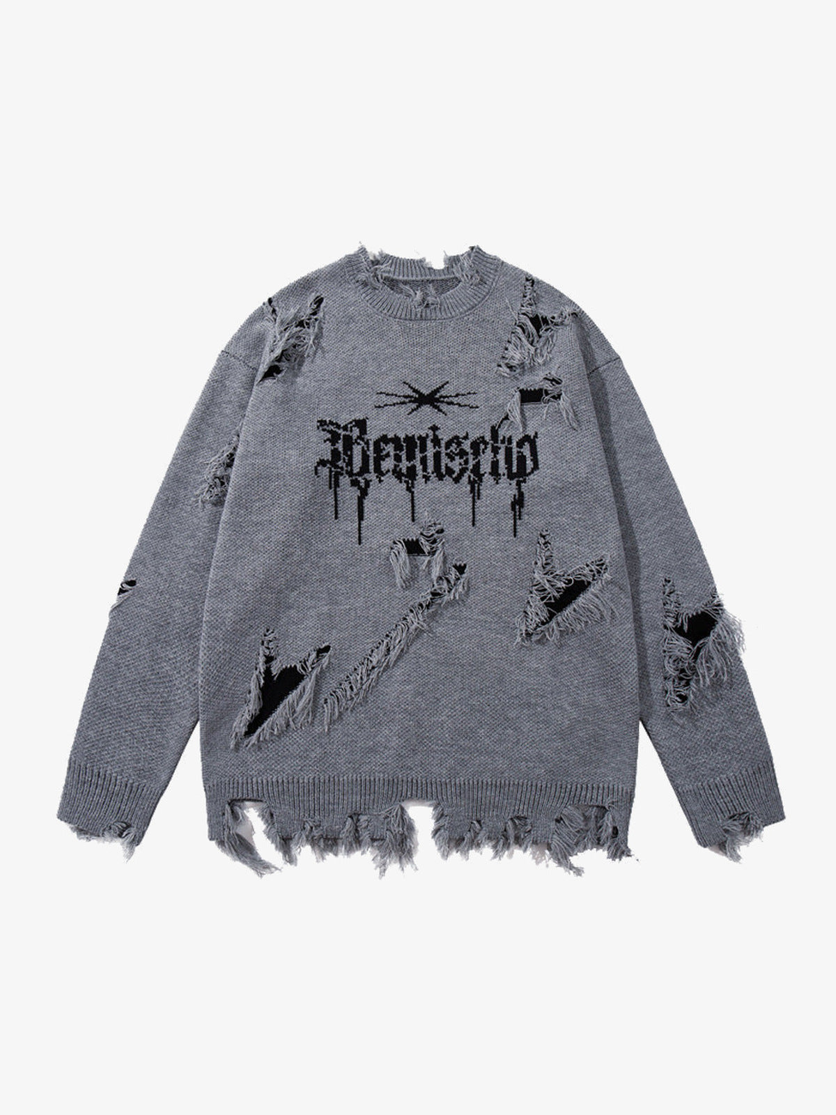 Frayed Gothic Script Distressed Knit Sweater – Grey, front view | XoKool