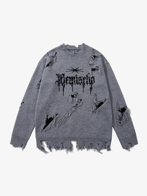 Frayed Gothic Script Distressed Knit Sweater – Grey, front view | XoKool