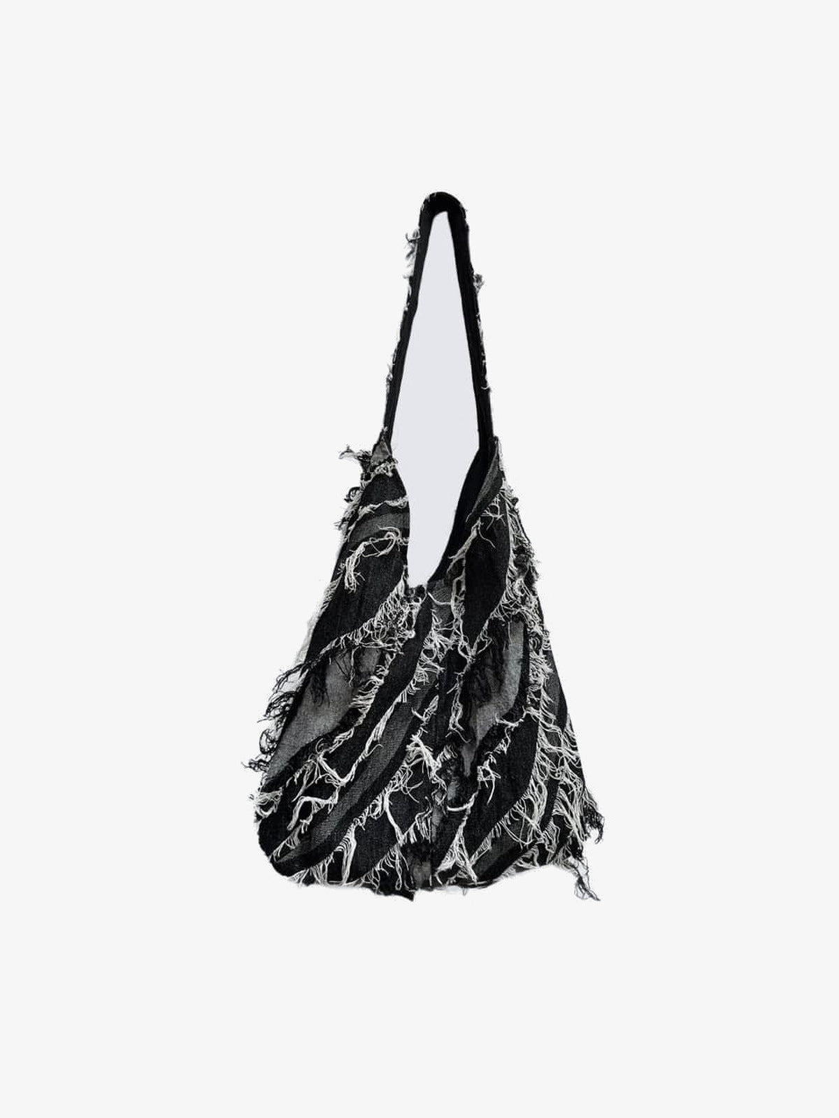 Hobo Umhängetasche aus Patchwork-Denim mit Fransen – Tasche, Vorderansicht | XoKool