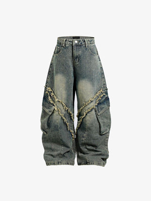 Frayed Seam Wide Leg Cargo Jeans – Vintage Blue, front flat | XoKool
