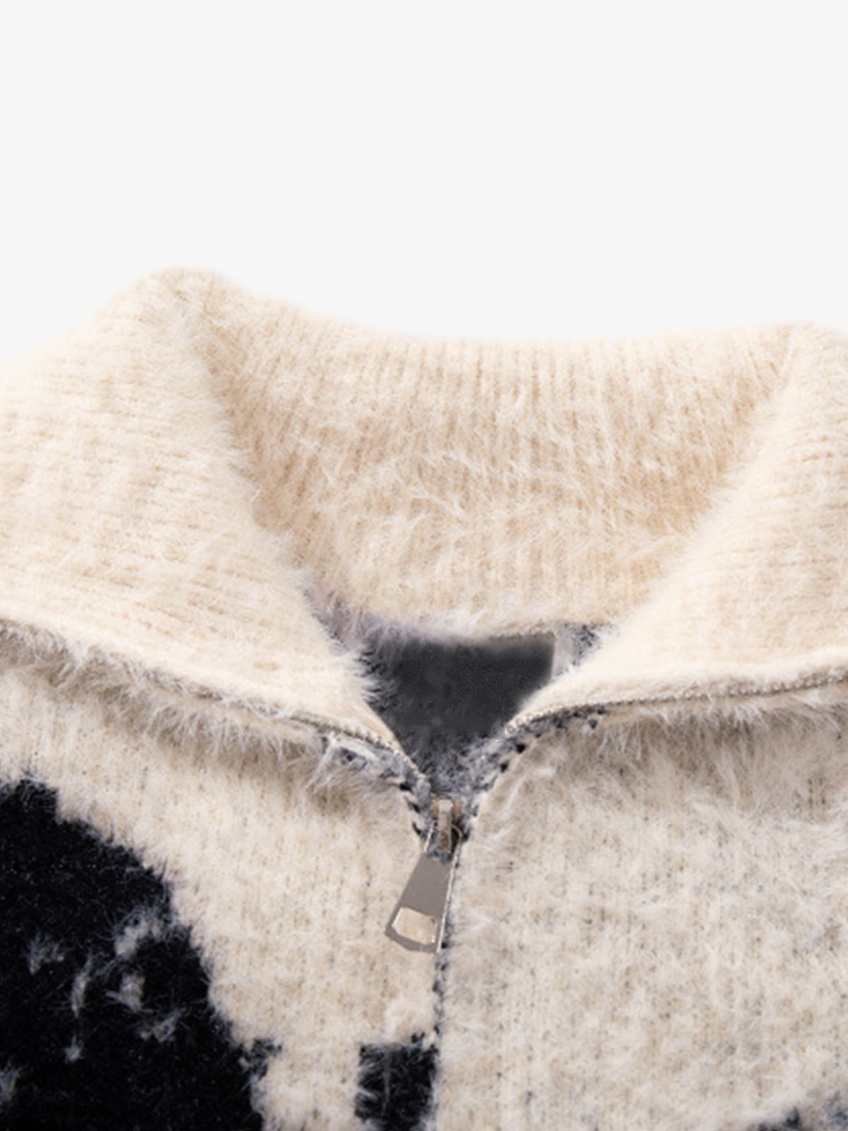 Fuzzy Angel Jacquard Zip Up Sweater – Cream, open collar close-up | XoKool