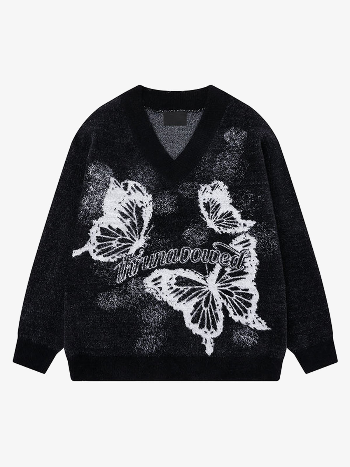 Fuzzy Butterfly Jacquard V-Neck Sweater – Black, front view | XoKool