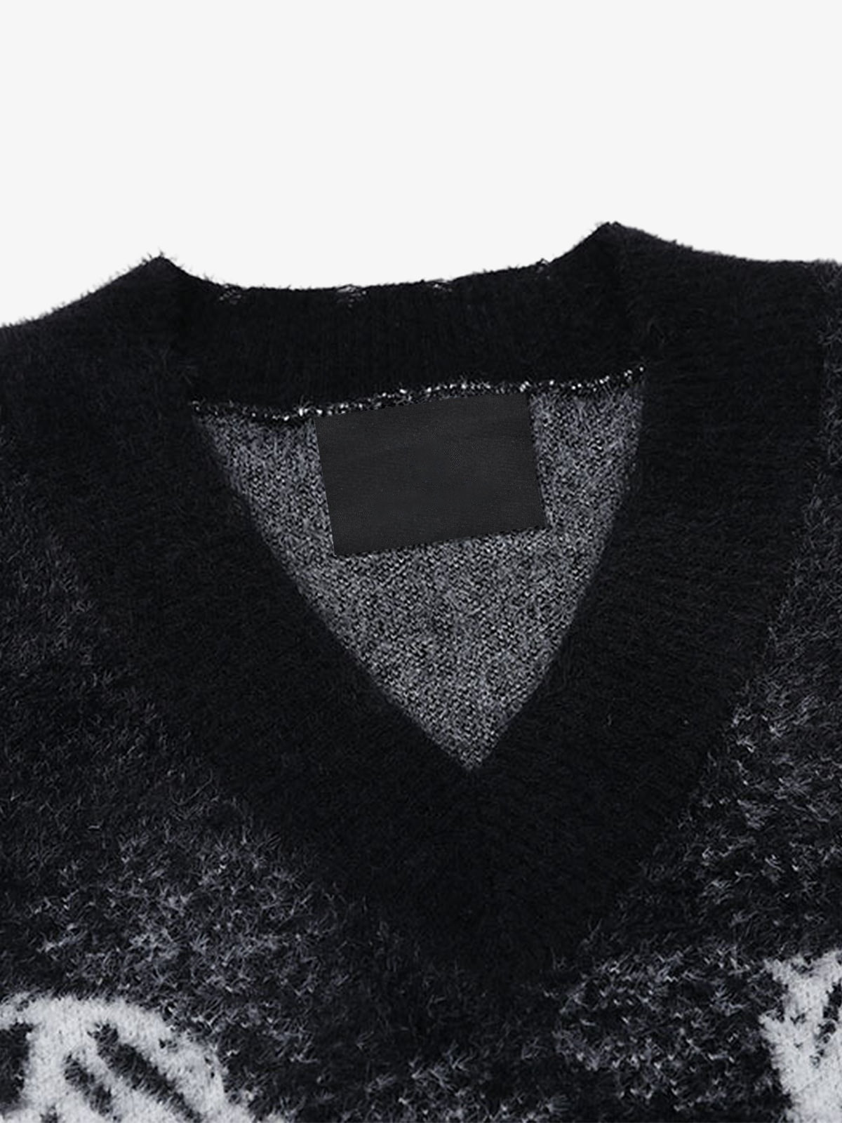 Fuzzy Butterfly Jacquard V-Neck Sweater – Black, v-neck close-up | XoKool