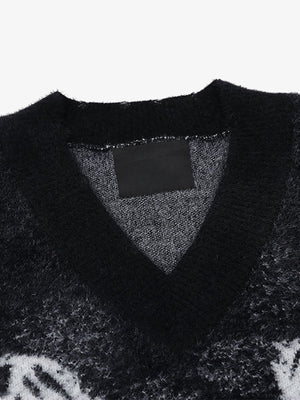 Fuzzy Butterfly Jacquard V-Neck Sweater – Black, v-neck close-up | XoKool