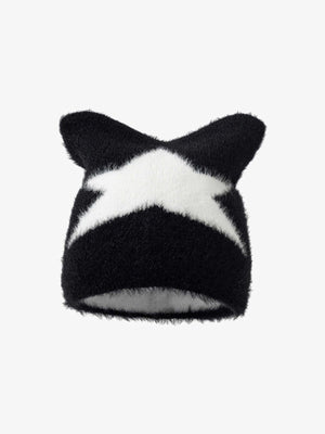 Flauschige Beanie mit Katzenohren und Stern – Schwarz mit weißem Stern, Vorderansicht | XoKool