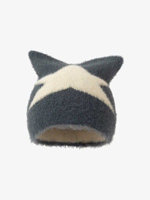 Flauschige Beanie mit Katzenohren und Stern – Anthrazit mit cremefarbenem Stern, Vorderansicht | XoKool
