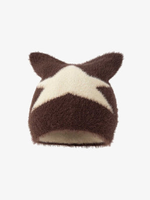 Beanie mit Katzenohren und Stern – Dunkelbraun mit cremefarbenem Stern, Vorderansicht | XoKool
