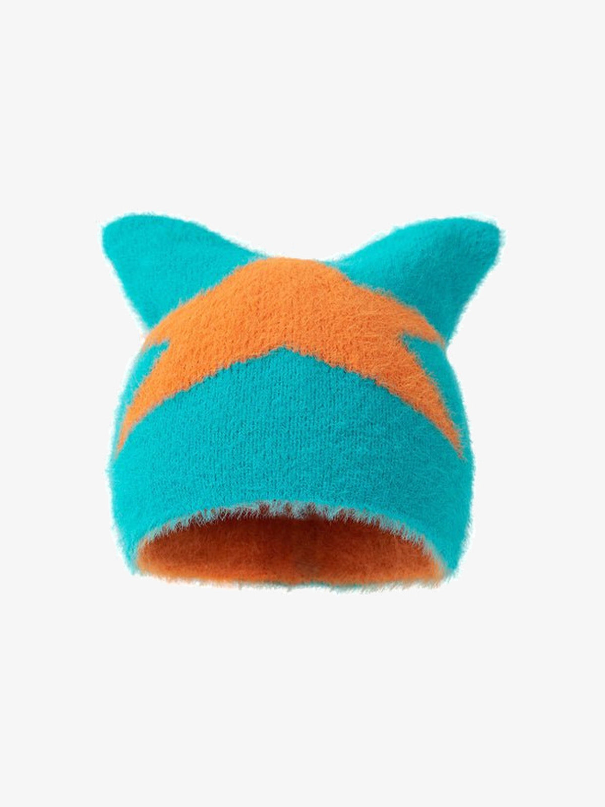 Flauschige Beanie mit Katzenohren und Stern – Türkis mit orangefarbenem Stern, Vorderansicht | XoKool