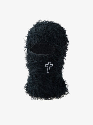 Pasamontañas de punto peludo bordado – negro con cruz, vista frontal | XoKool