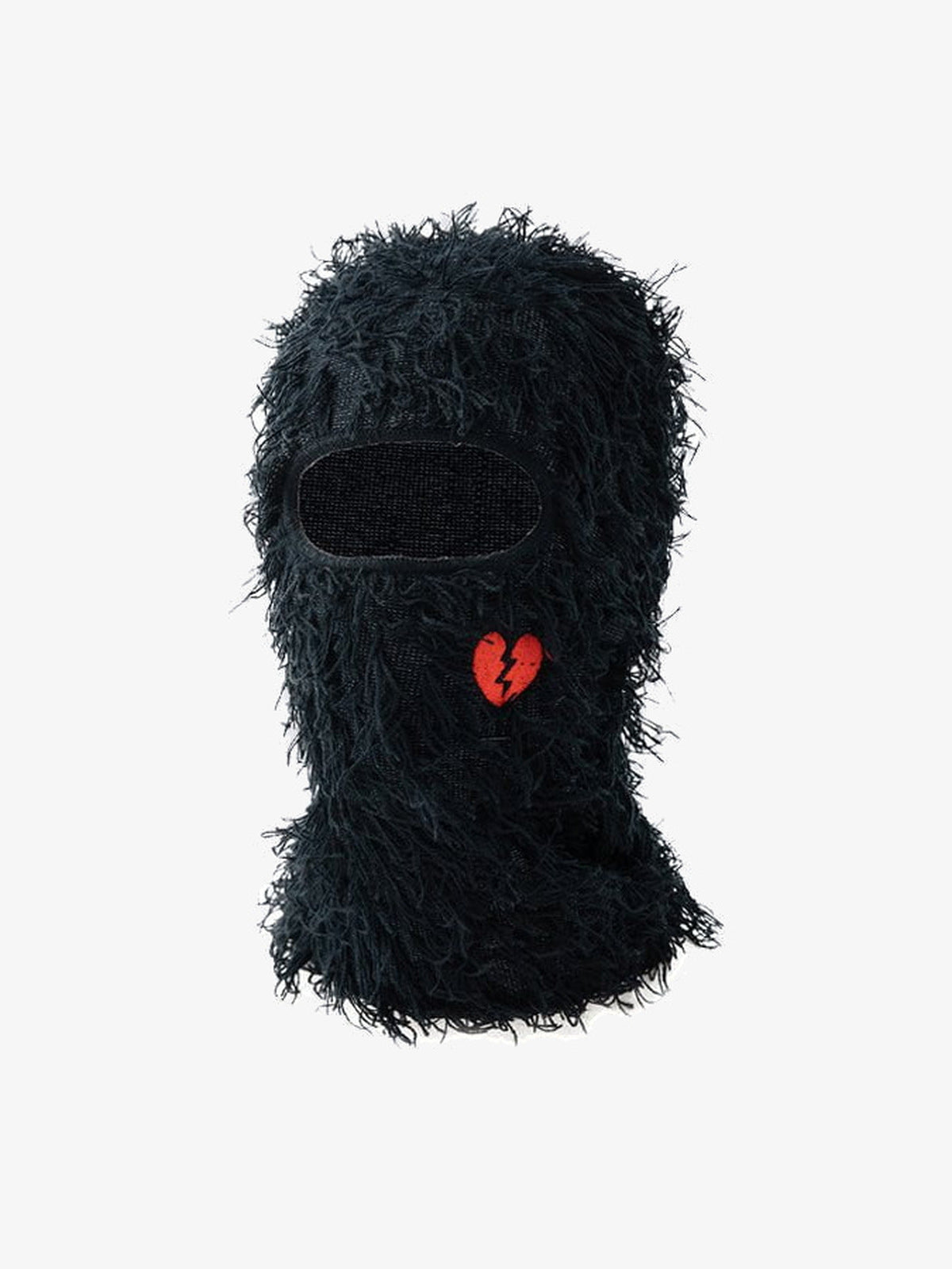 Pasamontañas de punto peludo bordado – negro con corazón roto rojo, vista frontal | XoKool